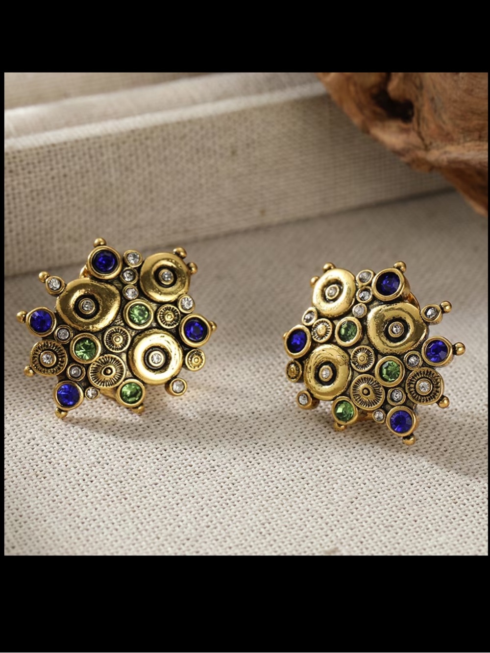 Omega Back antique gold Cluster Stud Earrings with Blue and Green CZs. NEW